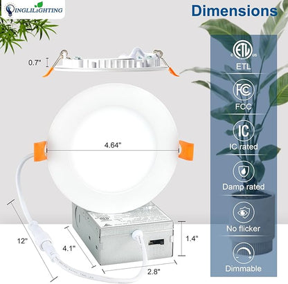 DLLT LED Recessed Ceiling Lights: 12 Pack 4 Inch 5CCT Ultra-Thin Lighting with Junction Box for Bedroom - 900LM Brightness 9W Eqv 90W Dimmable Canless Wafer Downlight with ETL&FCC