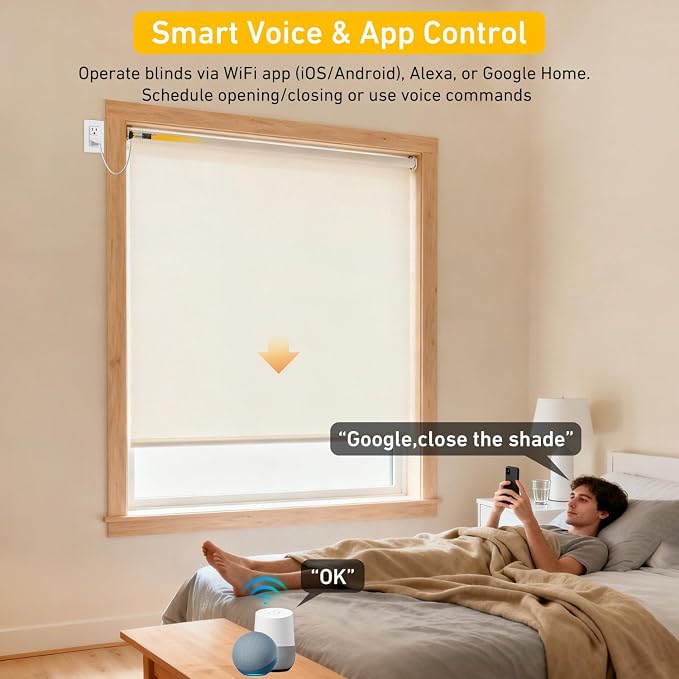Smart Tuya WiFi Blinds Motor for Roller Shades, Alexa & Google Home Compatible, App & Timer Control, AC100-240V for 1.75"/45mm Tubes, Nlo Hub Required