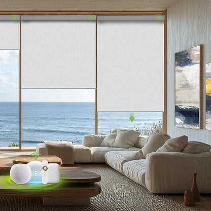 Motorized Blinds with Remote，100% Blackout Smart Blinds Motorized Roller Shades Compatible with Alexa Automatic Blinds for Windows Electric Window Blinds Customized Size Frost White Mist