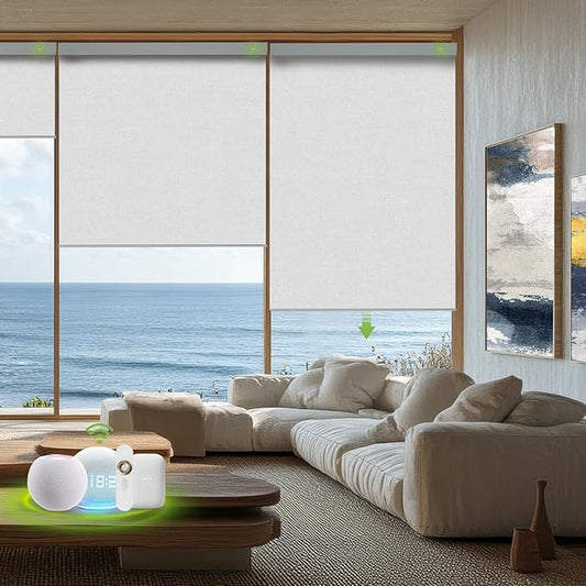 Motorized Blinds with Remote，100% Blackout Smart Blinds Motorized Roller Shades Compatible with Alexa Automatic Blinds for Windows Electric Window Blinds Customized Size Frost White Mist