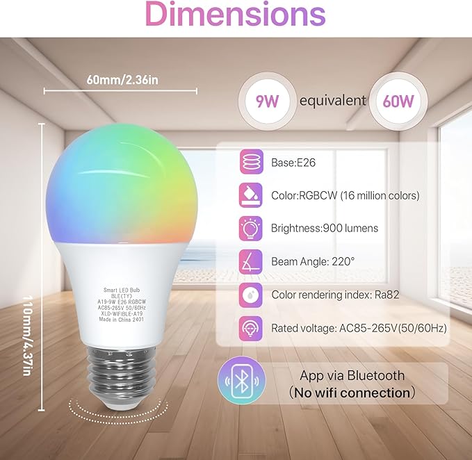 ORALUCE Bluetooth Smart Light Bulb A19 E26,9W LED Light Bulb Color Changing APP Dimmable, 60W Equivalent RGBCW LED Bulb 900 Lumens Multicolor,2P (No WiFi Connection)