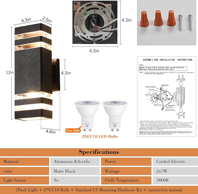 1 Pack LED Outdoor Light Fixture, Aluminum Wall Lights, IP65 Rated for Porch, Patio, Garage, Warm White 3000k