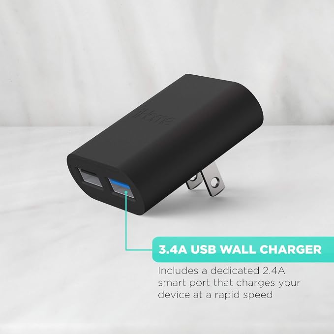 iHome Slim 2-Port USB Wall Charger, Flat Multiport Travel Plug Adapter | Dual USB-A ports, 2.4A Rapid Charge, Foldable Prongs, Slim Design, Compatible with iPhone, Android, iPad, AirPods for Home