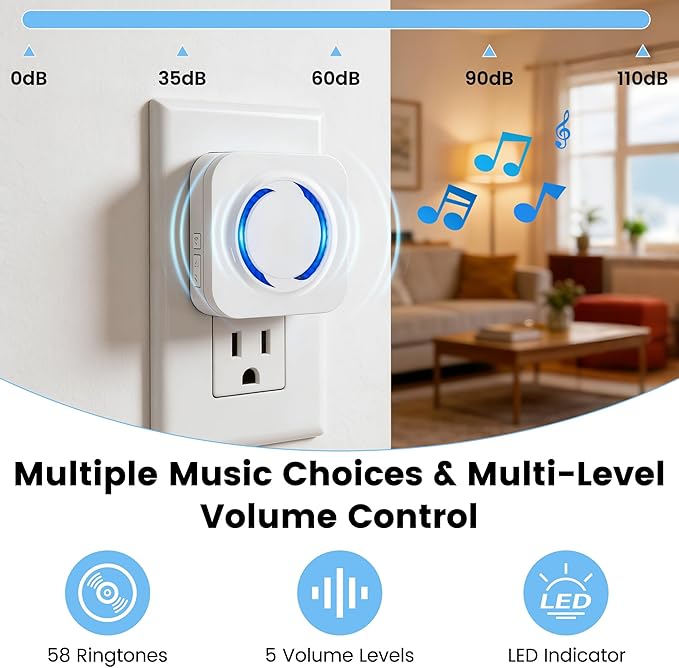 WiFi Doorbell Chime Extender for Ring, Blink & Nest - Indoor Plug & Play, 58 Ringtones, 5 Volume Levels, LED Flash Alert, Unlimited Expandable for Bedroom, Garage, Basement, Alexa Compatible