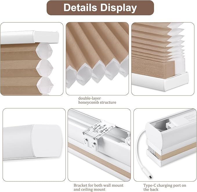 Godark Motorized TDBU Cellular Shades with Remote Control Smart Honeycomb Blinds Compatible with Alexa Google Home Smarthings Custom Double Cellular Light Filtering for Indoor Windows Doors-Brown