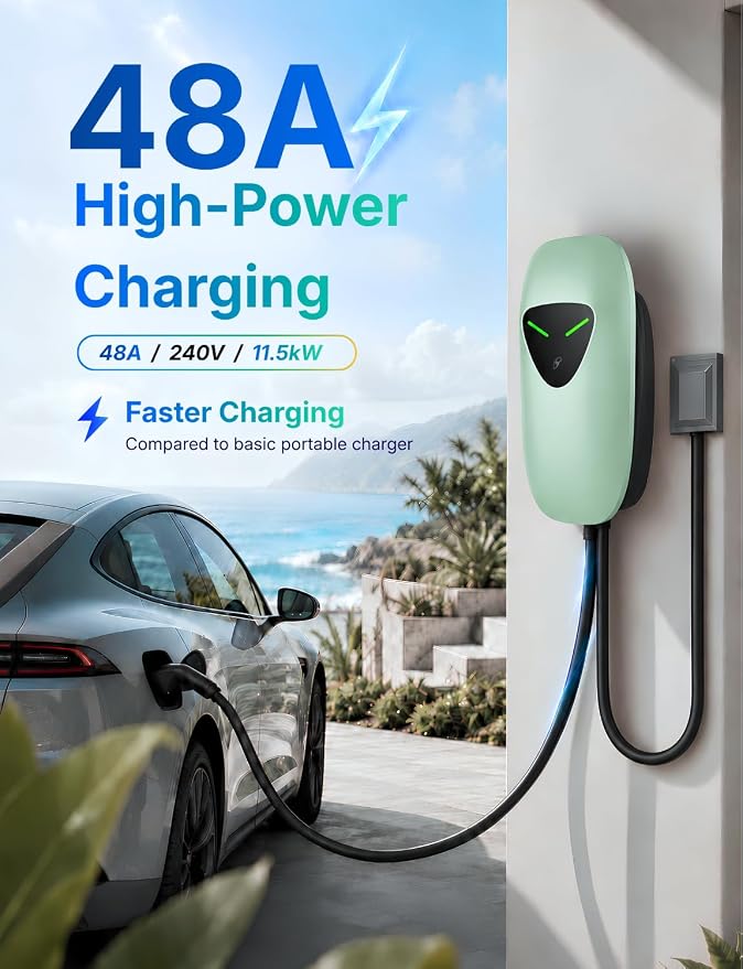 48A Level 2 EV Charger Station Hardwired, J1772 240V 11.5kW WiFi App 25ft | Garage Home Driveway EV Charger,2.4GHz Smart Control,RFID Access,Indoor Outdoor Installation,UL ETL FCC Certified,Overheat