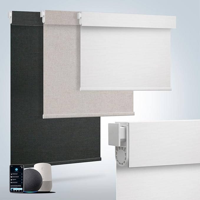 Motorized Blinds for Windows - Hapadif Roller Window Shades with Remote, No-Drill Installation, Cordless Automatic Blackout Electric Blinds, Adjustable Height, Easy to Use (White, 36.5 x 72)