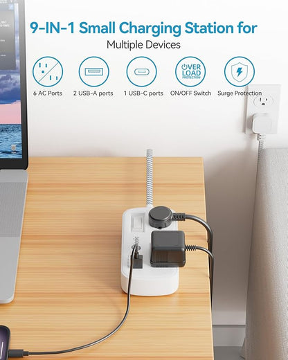 Short Extension Cord 5 ft - Flat Plug Small Power Strip Surge Protetor with 6 Outlets 3 USB (5V/3.4A 17W) Charging Ports, Multi Plug Wall Outlet Splitter for Home Office Dorm Roomc, White