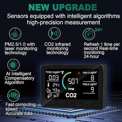 12 in 1 Air Quality Monitor Indoor, with WiFi and APP,Air Quality Tester for Home,Air Quality Meters for CO2,TVOC,PM1.0,PM2.5,AQI,Temperature and Humidity,Detector for Home,Office (Black)