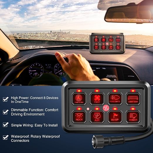 Nilight 8 Gang Switch Panel Relay System Automatic Dimmable | Universal Circuit Control Fuse Wiring Harness ON Off Red Backlit LED Pod for 12V Cars Trucks Boats Campers SUV