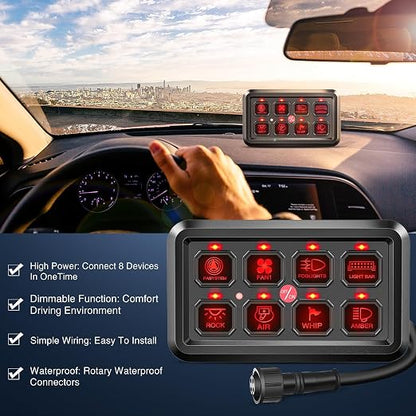 Nilight 8 Gang Switch Panel Relay System Automatic Dimmable | Universal Circuit Control Fuse Wiring Harness ON Off Red Backlit LED Pod for 12V Cars Trucks Boats Campers SUV