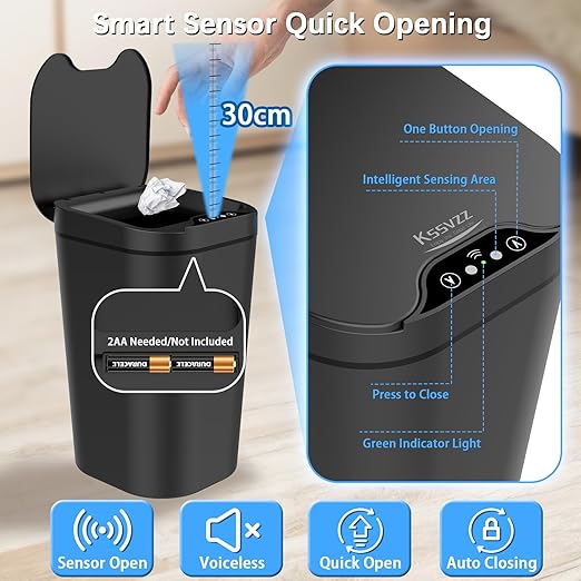 2 Pack Automatic Small Bathroom Trash Can with Lid - 2.5 Gallon Touchless Electric Garbage Can, Motion Sensor Smart Trash Bin, Slim Plastic Trashcan, Waterproof Wastebasket for Bedroom Office (Black)