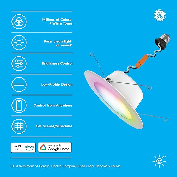 Cync GE Reveal Smart LED Recessed Downlight, Color Changing WiFi Light, Matter Compatible, Compatible with Alexa and Google Home, 6in, 2-Pack