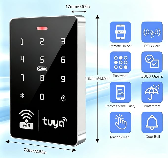 WiFi Tuya Access Control Kit, 180kg/350lb Magnetic Lock,3000 Users | Waterproof Keypad With Power supply, Exit button, and 15 ID key fobs for home office gate security