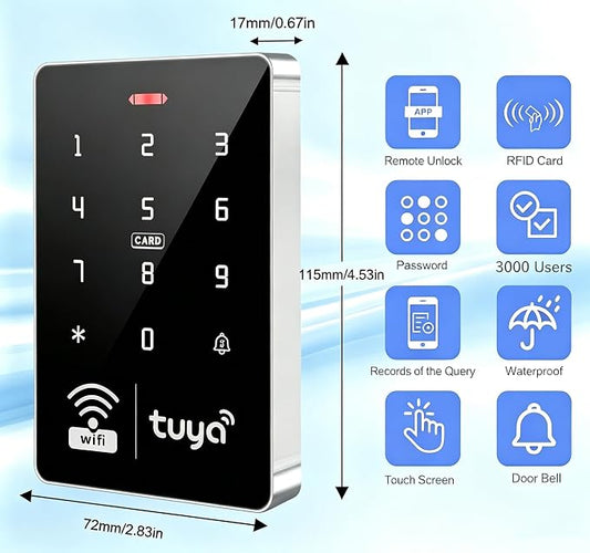 WiFi Tuya Access Control Kit, 180kg/350lb Magnetic Lock,3000 Users | Waterproof Keypad With Power supply, Exit button, and 15 ID key fobs for home office gate security