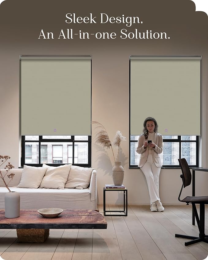 Graywind Smart Roller Shades 100% Blackout Window Blinds with APP Control Customized Automatic Shades for Home and Office(34" Wx72 H,Beige)