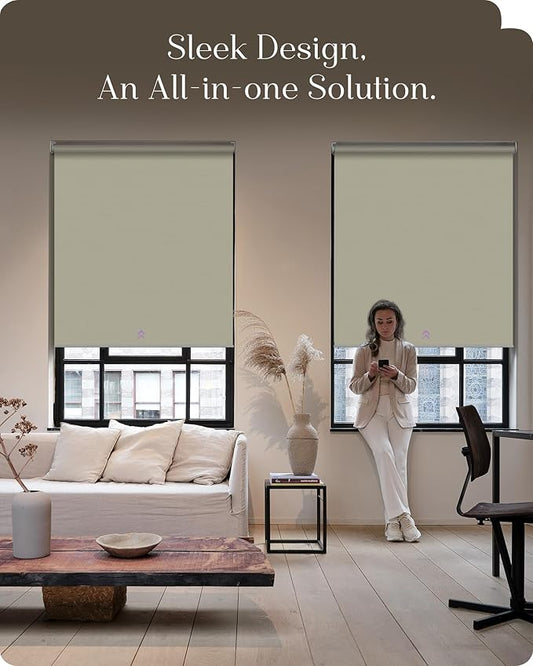 Graywind Smart Roller Shades 100% Blackout Window Blinds with APP Control Customized Automatic Shades for Home and Office(29" Wx72 H,Beige)