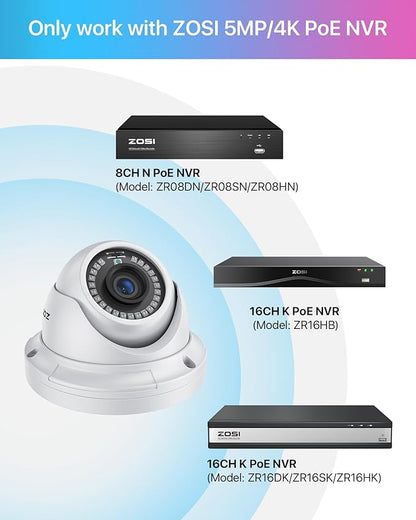 ZOSI 5MP Add-on POE IP Camera Outdoor Indoor Dome Camera with Night Vision Only Work with ZOSI POE Security Camera System and NVR (Model: ZR16DK, ZR08EN, ZR08DN, ZR08PN)