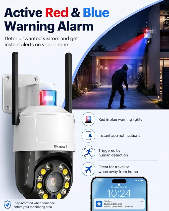 JideTech 5MP Outdoor PTZ WiFi Security Camera, 5X Optical Zoom, Dual Band 2.4G/5G Wireless, Auto Tracking, Human Detection, Color Night Vision, Red & Blue Warning Light, NVR Compatible