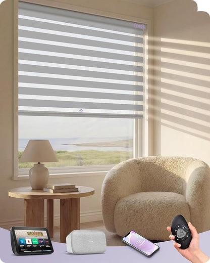 Graywind Motorized Zebra Sheer Blinds Compatible With Alexa Horizontal Light Filtering Window Shades Remote Roller Blinds with Valance for Smart Home and Office, Customized Size (Wool-like Light Grey)