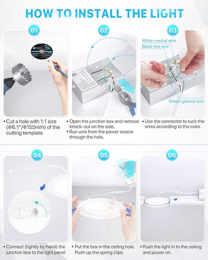 Ensenior 6 Pack 6 Inch LED Recessed Light, Dimmable, 2700K-5000K 5CCT, 1050LM High Brightness, 12W 120V, Damp Rated, Ultra-Thin Canless Wafer Ceiling Light - ETL & FCC & IC