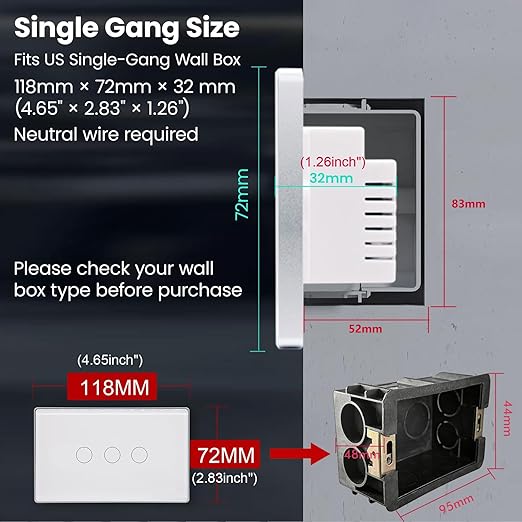 Smart Switch Aluminum Frame,2.5D Glass Panel,4.65 X 2.83 X 1.26 Inches,Need Neutral Wire,2.4GHz WiFi,Work with Tuya/Smart Life,App/Voice Control,White 3 Button
