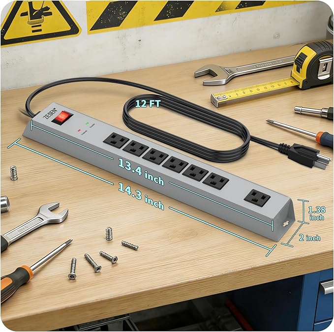 ZESEN 7 Outlet Metal Long Power Strip with Overload Protection & 1500J Surge Protection, 12ft Cord Wall Mounted Industrial Power Strip for Office Workshop Garage, ETL Listed(15A/1875W), Grey