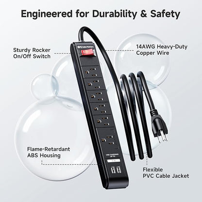 [ETL Listed] Cable Matters 2-Pack 6-Outlet Surge Protector Power Strip with USB Ports - 8ft, Long Extension Cord, Surge Protector with USB Ports, Black