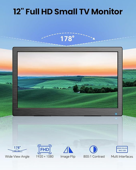 Eyoyo CCTV Monitor 12 Inch Small Computer Monitors 1920x1080P Mini LED Display with HDMI VGA AV BNC USB Ports IPS Screen Security Monitor Built in Speaker for Home Office