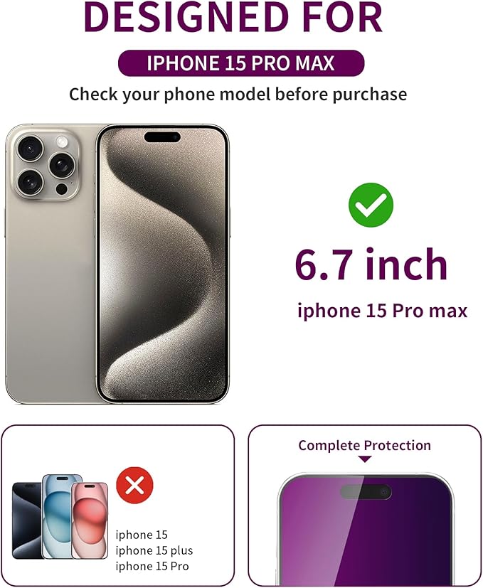 3 Pack Privacy Screen Protector for iPhone 15 Pro Max Tempered Glass 6.7inch Private Saver Anti-Spy Eye Protection Anti-Scratch Full Coverage