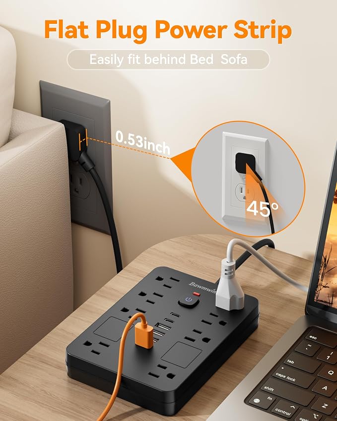 Surge Protector Power Strip - 11 Outlets(1850W/15A/14AWG) with 6 USB Ports(2 USB C), 6/12FT Flat Plug Extension Cord, Wall Mount, Black, ETL Listed for Home, Dorm Room