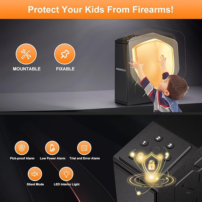 Biometric Slider Figerprint Handgun Safe with Auto Sliding Door&Keypad&Key | PINEWORLD Interior Light & Emergency Power Supply& Voice Navigation & Mute Mode, For Home, Nightstand, Car,Travel. Nice Gift