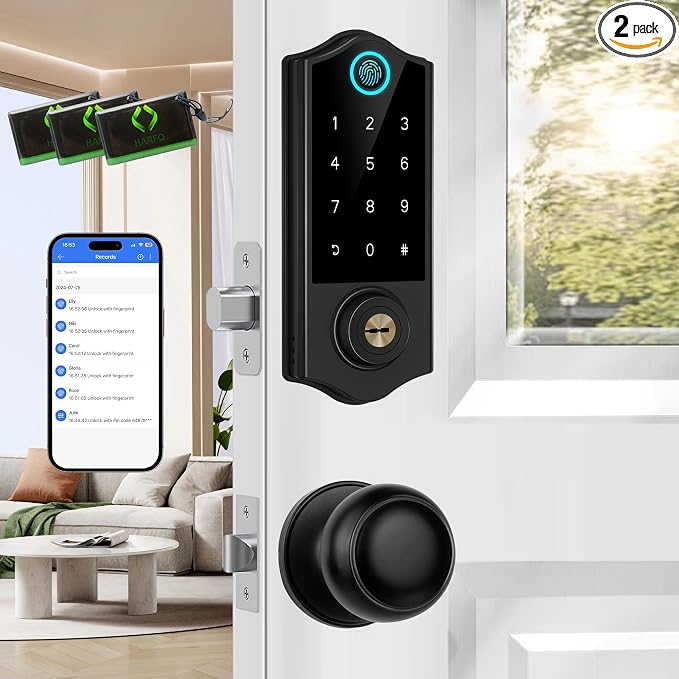 Fingerprint Smart Door Locks for Front Door with Handle Set, App Control, Keyless Entry Door Lock Keypad Deadbolt, Bluetooth Digital Electronic Touchscreen, Easy Install, Auto Lock, Black