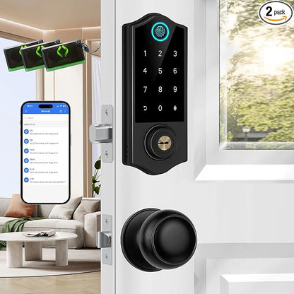 Fingerprint Smart Door Locks for Front Door with Handle Set, App Control, Keyless Entry Door Lock Keypad Deadbolt, Bluetooth Digital Electronic Touchscreen, Easy Install, Auto Lock, Black
