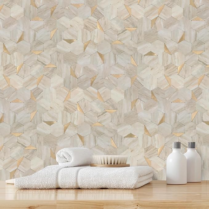 20 Sheets Hexagon Peel and Stick Backsplash for Kitchen Wall, Heat Resistant Stick on Backsplash PVC Smart Tiles, 12'' Beige Marble Waterproof Peel and Stick Wall Tiles for Bathroom