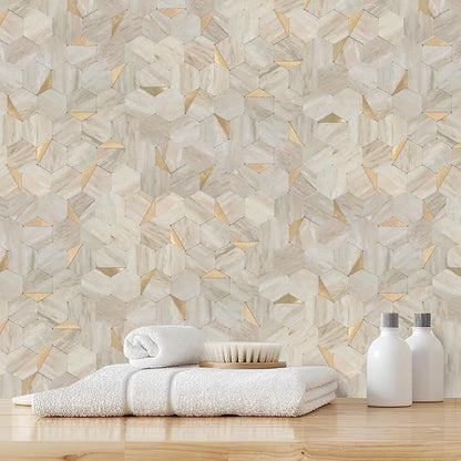 20 Sheets Hexagon Peel and Stick Backsplash for Kitchen Wall, Heat Resistant Stick on Backsplash PVC Smart Tiles, 12'' Beige Marble Waterproof Peel and Stick Wall Tiles for Bathroom