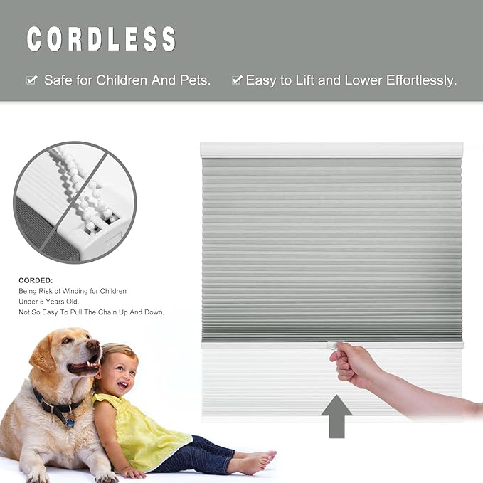 Changshade Cordless Cellular Shades Light Filtering Custom Size, Honeycomb Door Indoor Window Blinds 1.5 inch Cell Easy Install for Home, Office, Living Room, Bedroom, Bathroom, Nursey, Grey
