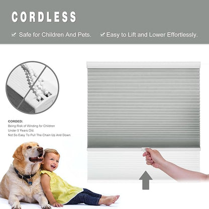 Changshade Cordless Cellular Shades Light Filtering Custom Size, Honeycomb Door Indoor Window Blinds 1.5 inch Cell Easy Install for Home, Office, Living Room, Bedroom, Bathroom, Nursey, Grey