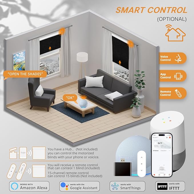 Motorized Blinds with Remote,100% Blackout Smart Blinds for Window Cordless Electric Blinds Compatible with Alexa Google Assistant,Black,30" W x 72" H