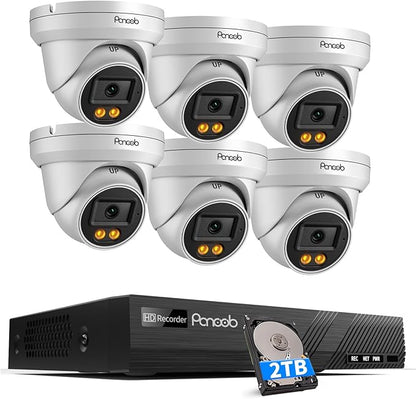 5MP NVR Security Camera System, 6PCS Wired 5MP IP Surveillance Dome Turret Cameras with Person Detection, Smart Dual Lights Color Night Vision, 4K 8 Channel PoE NVR 2TB HDD, PD93BA0608-5MDF