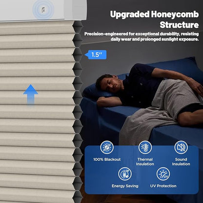 Motorized Cellular Shades with Remote, Smart Cellular Shades Compatible with Apple HomeKit, Alexa & Google Home, Cordless Honeycomb Window Blinds for Indoor Windows, Blackout Warm Beige