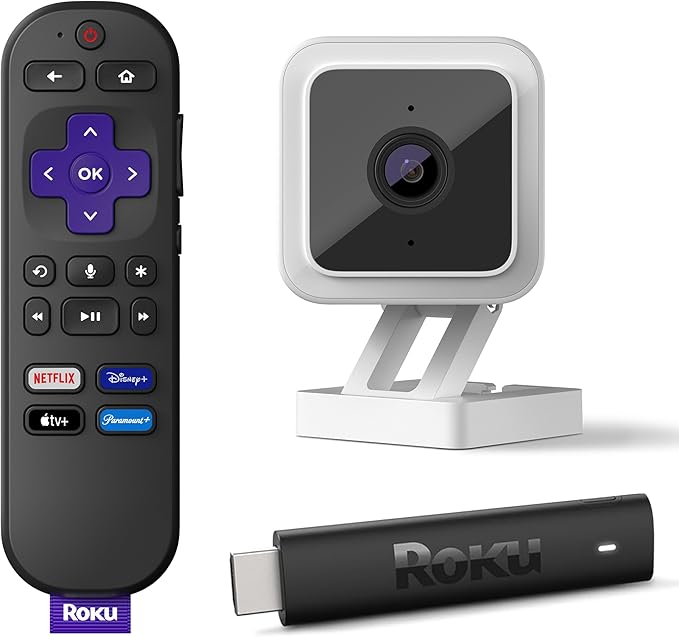 Roku Streaming Stick 4K | Portable Roku Streaming Device 4K/HDR/Dolby Vision, Roku Voice Remote, Free & Live TV + Roku Indoor Camera for Home Security, 1-Pack - Wired Security Camera
