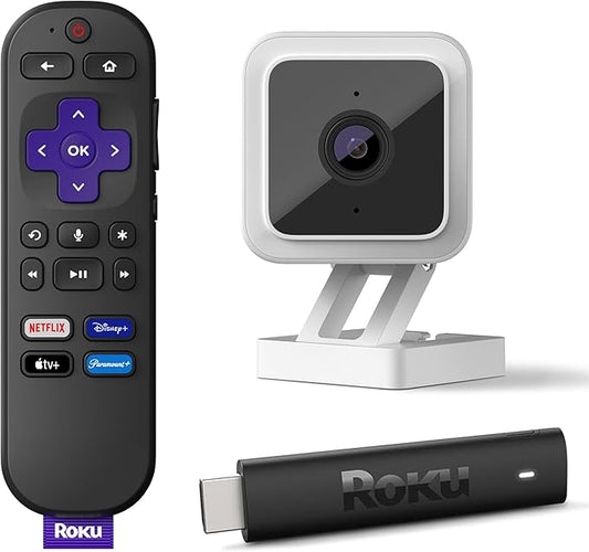 Roku Streaming Stick 4K | Portable Roku Streaming Device 4K/HDR/Dolby Vision, Roku Voice Remote, Free & Live TV + Roku Indoor Camera for Home Security, 1-Pack - Wired Security Camera