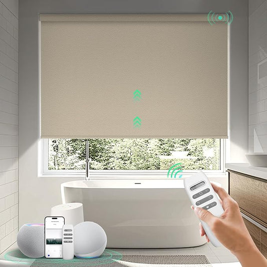 HeyBlinds Motorized Blinds with Remote, 100% Blackout Smart Blinds, Automatic Shades for Windows Compatible with Alexa Google and Homekit, Custom Size(Photo Film-Sand BO)