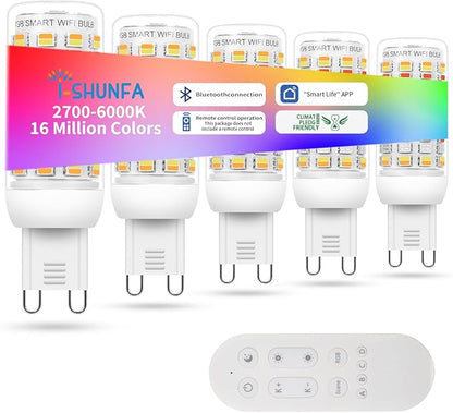 I-SHUNFA Smart G9 RGBCW LED Bulbs, App & Remote Control, AC 120V, 2700K-6500K + 16M Colors, Dimmable 1%-100%, 4W 400LM, Music Sync, Timer