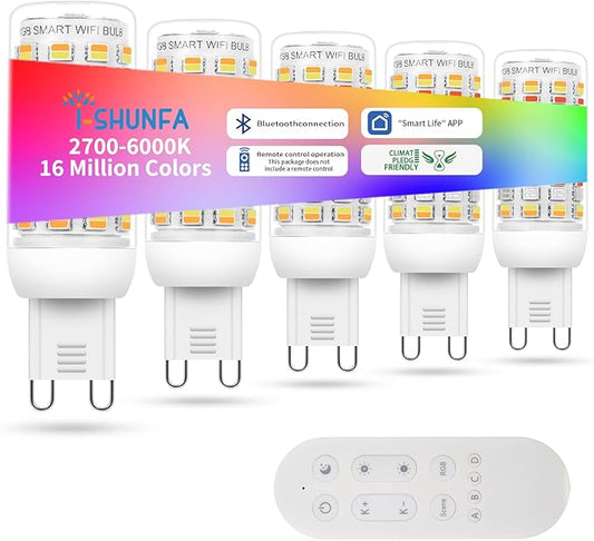 I-SHUNFA Smart G9 RGBCW LED Bulbs, App & Remote Control, AC 120V, 2700K-6500K + 16M Colors, Dimmable 1%-100%, 4W 400LM, Music Sync, Timer