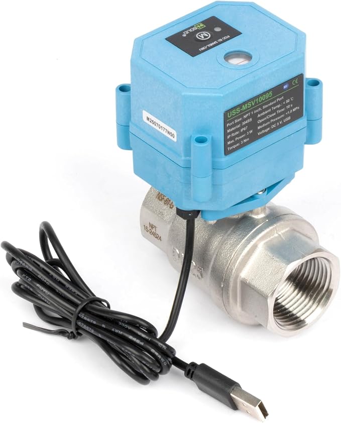 U.S. Solid WiFi Smart Motorized Ball Valve 1 Inch NPT 2-Way 304 Stainless Steel Electric Actuated Valve USB Powered NSF Certified for Water Irrigation