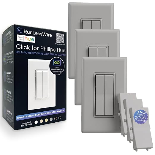 RunLessWire Click for Hue Battery-Free Wireless Smart Switch 3 Pack Gray | Dimmable Kinetic Switch Pairs Natively to Philips Hue Bridge, 4 Programmable Buttons to Control Scenes & Areas, 100ft Range