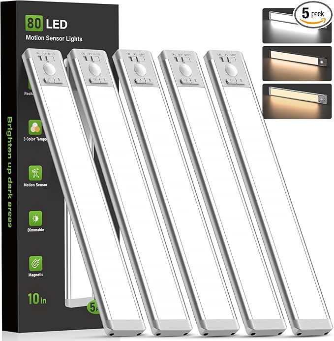 MCGOR 5 Pack 10inch Under Cabinet Lighting, Rechargeable Motion Sensor Light Indoor with 3 Color Temps, Dimmable Magnetic Led Closet Lights, Wireless Under Counter Lights for Kitchen, Stairs