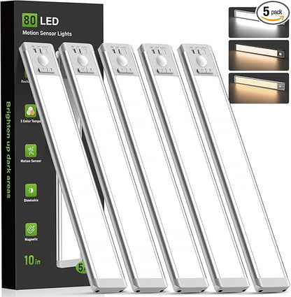 MCGOR 5 Pack 10inch Under Cabinet Lighting, Rechargeable Motion Sensor Light Indoor with 3 Color Temps, Dimmable Magnetic Led Closet Lights, Wireless Under Counter Lights for Kitchen, Stairs